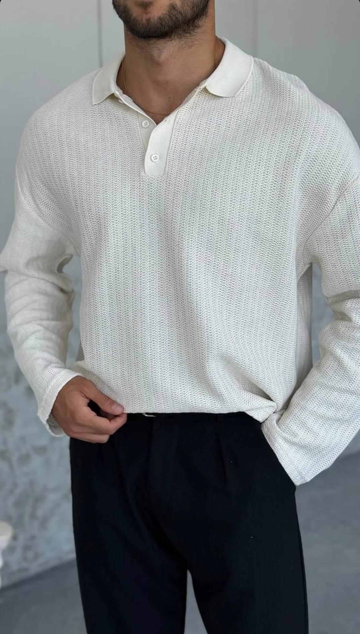 Krem Dokulu Oversize Polo Yaka Triko